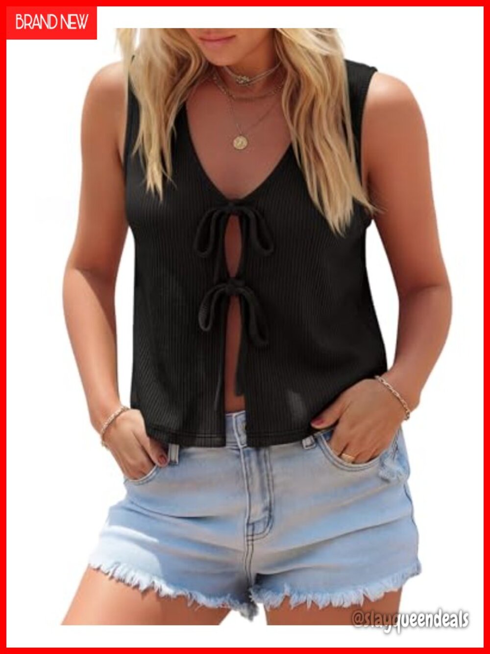 Cotton Tie Front Sweater Vest Sleeveless V-Neck Summer Top
